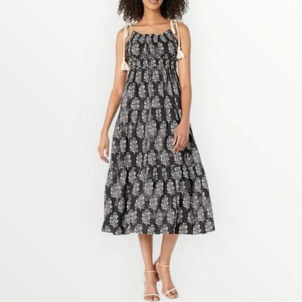 NWT MOON RIVER Midi Dress Women's Large Black Floral Smocked Tiered‎ Tassel Boho